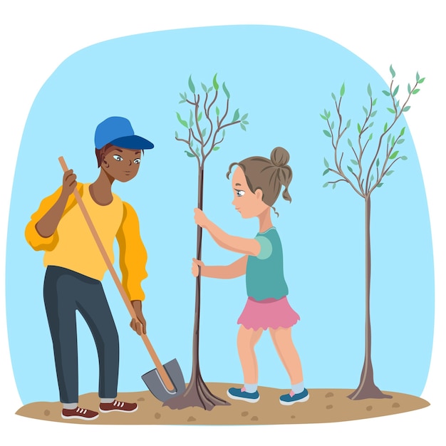 Vector children are planting a tree a girl and a boy are planting a tree