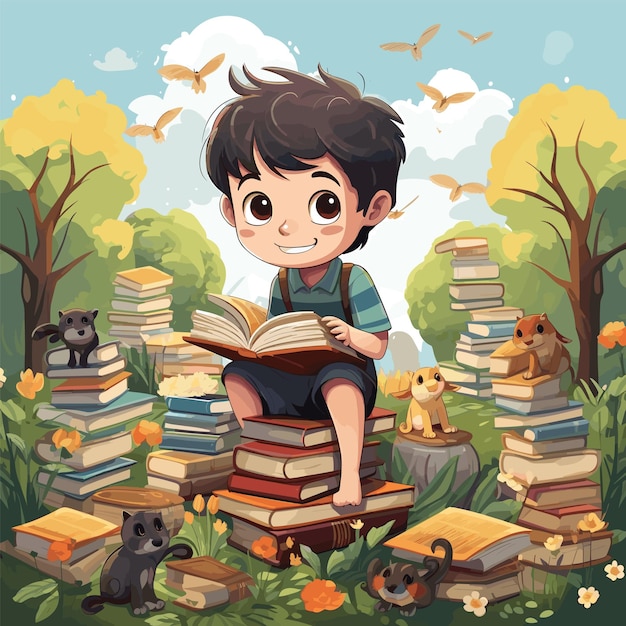 A children are reading books on a stack of books in garden scene vector