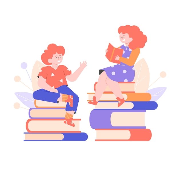 Children are sitting on stacks of books. Education and hobbies, development of imagination. A girl reads, a boy tells a story. flat illustration with characters.