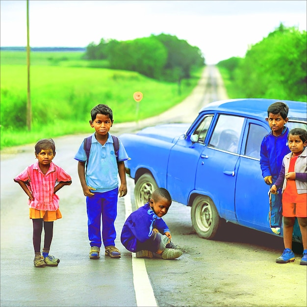 Vector children are standing next to the car dubbing day to greet the car drivers