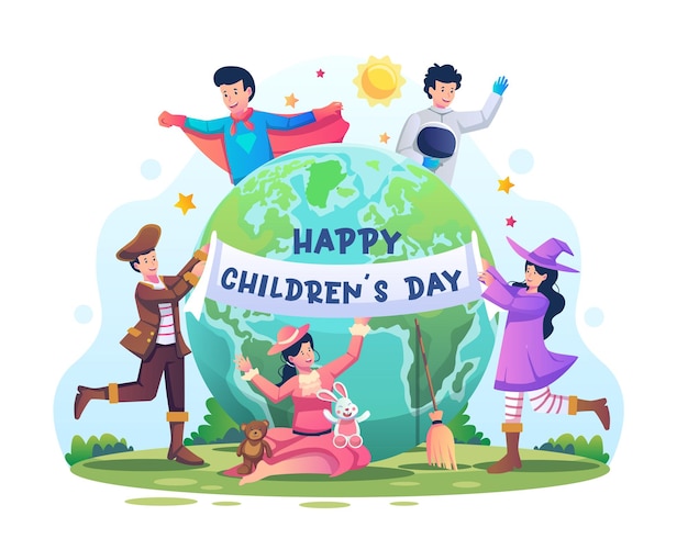 I bambini di tutto il mondo indossano costumi per celebrare l'illustrazione del giorno dei bambini