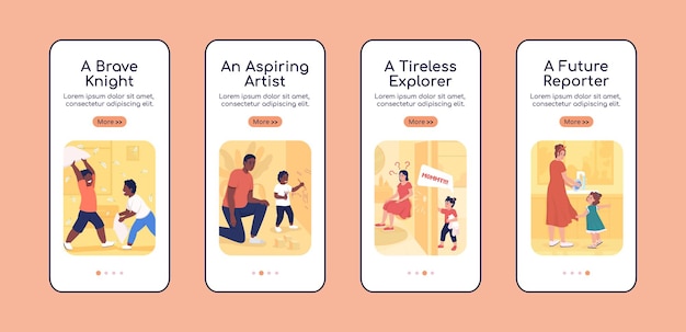 Bambini aspritation onboarding app mobile schermo piatto modello vettoriale. sito web completo 4 passaggi con personaggi. crescendo. creative ux, ui, interfaccia grafica per smartphone con interfaccia grafica, set di stampe di custodie