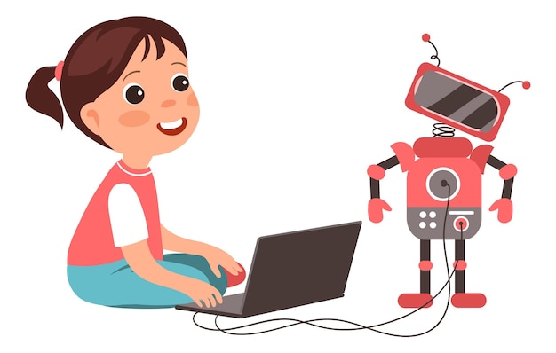 Children assemble robot Girl with robotic toy and laptop Kid programming artificial intelligence Baby creating android Automatic machine AI technology Vector educational project