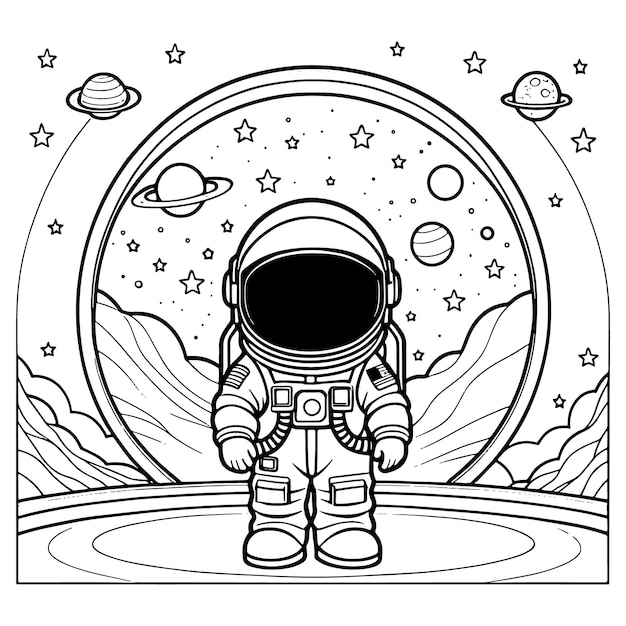 Children astronaut outline coloring page illustration for children and adult