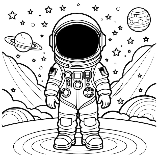 Children astronaut outline coloring page illustration for children and adult