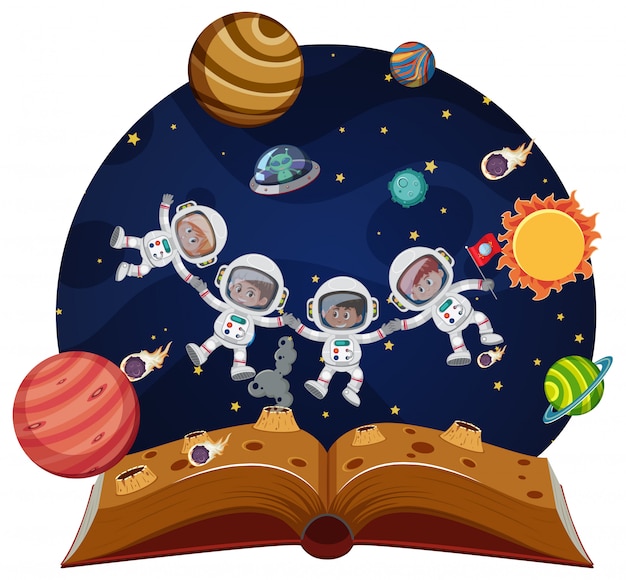 Children astronauts in space pop up book