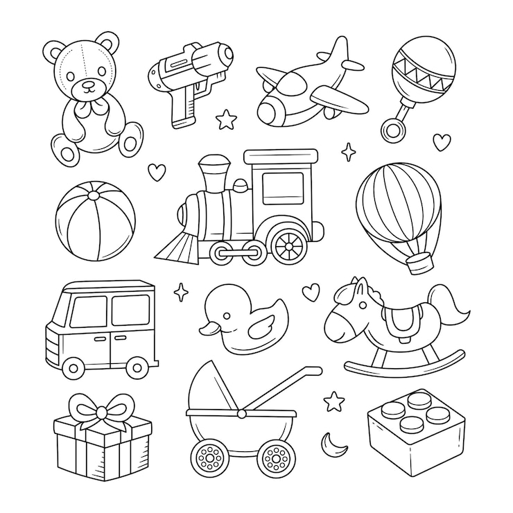Vector children and baby toys doodle set kindergarten equipment doodle hand drawn vector illustration