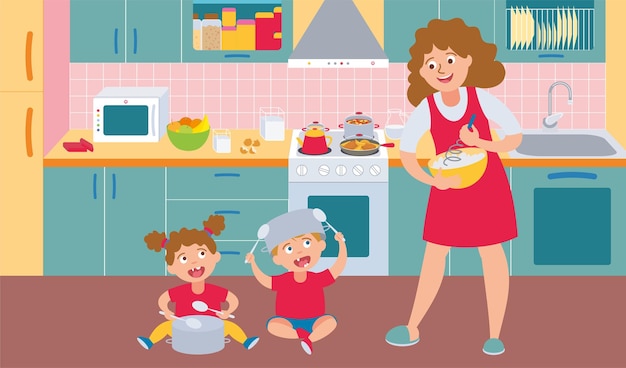 Плохое поведение детей, плоские композиции с непослушными детьми и мамой на векторной иллюстрации кухни