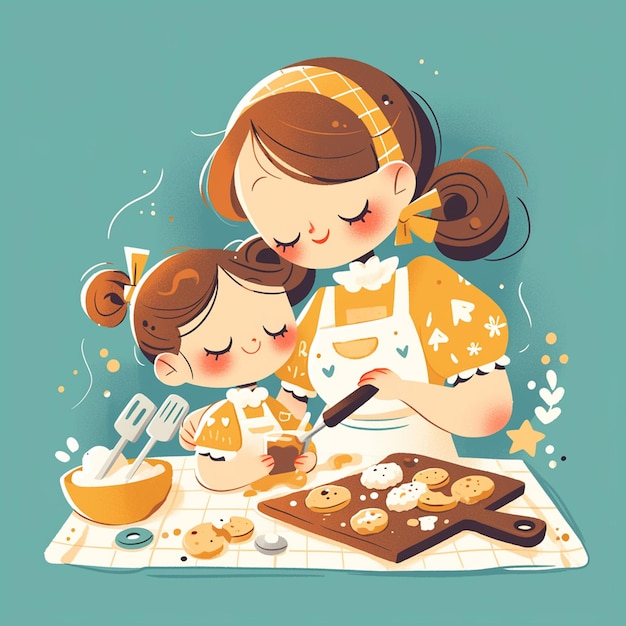 Вектор Дети пекут печенье для мамы в день матери