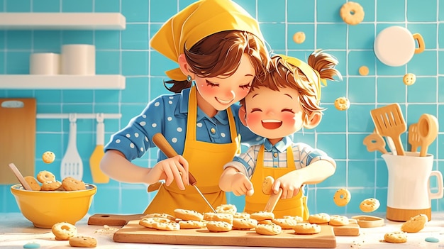 Vector children bake cookies for mom on mothers day collection