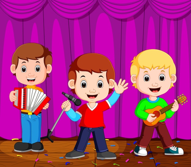 Vector children in band playing on stage