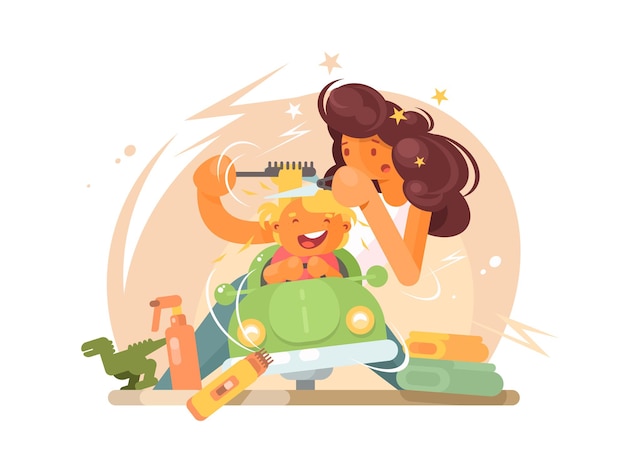 Children barber cuts hair cheerful little boy.  flat illustration