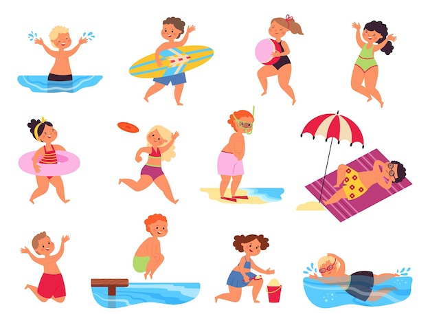 Children beach characters Seaside kids summer play child Ocean holiday travel isolated kid swimming and water sport training decent vector set