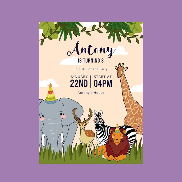 Vector children birthday card animal and forest theme on purple background