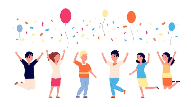 子供の誕生日パーティー。幸せな子供たちのジャンプ、風船、紙吹雪。漫画の子、踊るキャラクター。友達のグループのベクトル図です。幸せな子供たちのパーティー、誕生日の楽しいお祝い