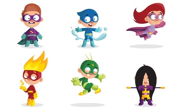 Children in blue purple pink green red superhero costumes with superpowers Vector illustration