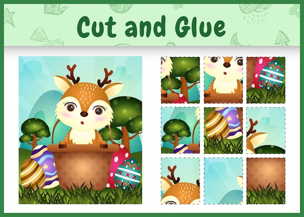 Children board game cut and glue themed easter with a cute deer in the bucket egg