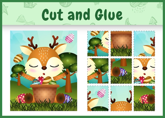 Children board game cut and glue themed easter with a cute deer in the bucket egg