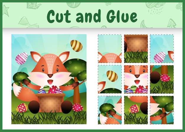 Children board game cut and glue themed easter with a cute fox in the bucket egg