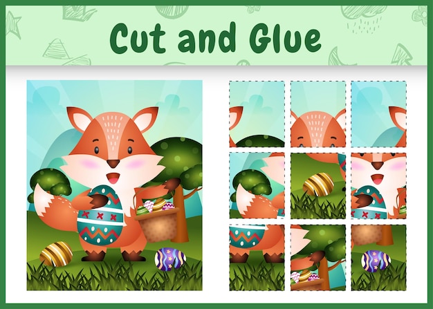 Children board game cut and glue themed easter with a cute fox holding the bucket egg and easter egg