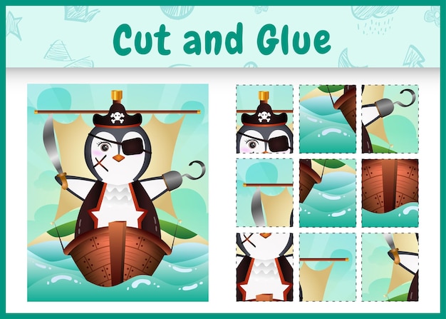 Children board game cut and glue themed easter with a cute pirate penguin character  on the ship