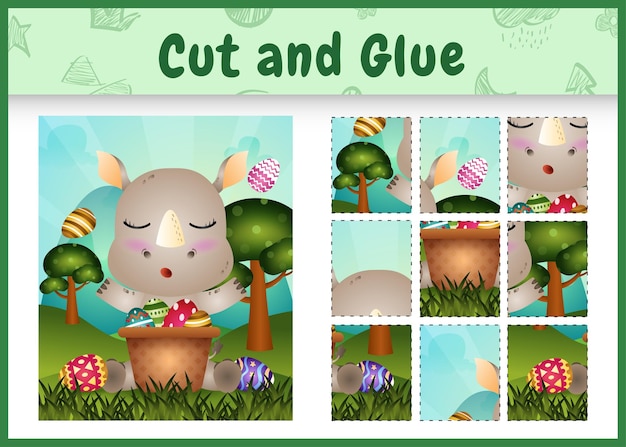 Children board game cut and glue themed easter with a cute rhino in the bucket egg