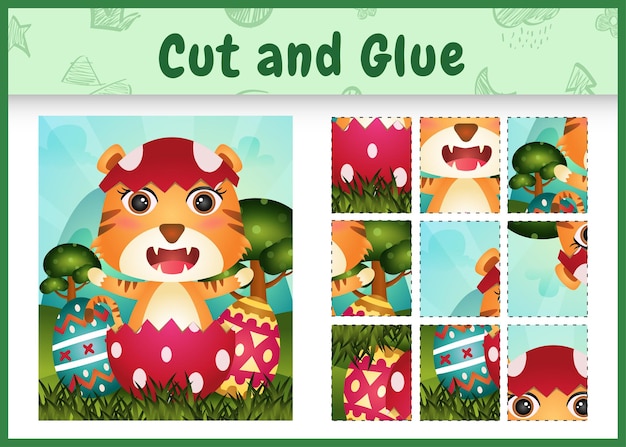 Children board game cut and glue themed easter with a cute tiger in the egg