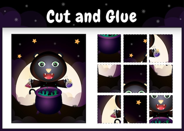 Children board game cut and glue with a cute black cat using halloween costume