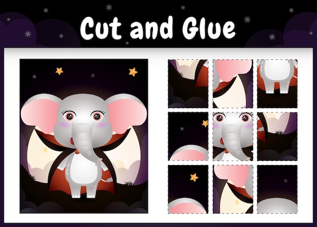 Children board game cut and glue with a cute elephant using halloween dracula costume