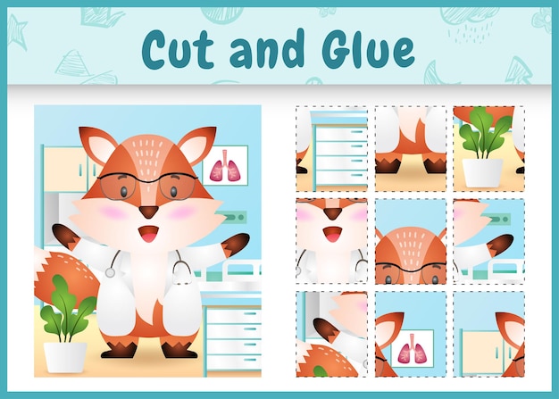 Children board game cut and glue with a cute fox doctor character