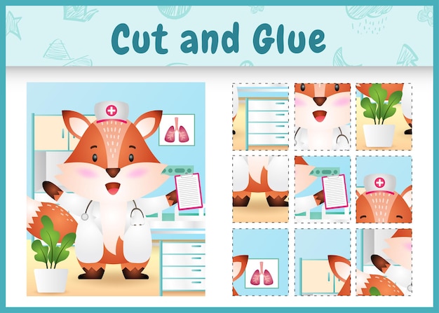 Children board game cut and glue with a cute fox using costume nurses