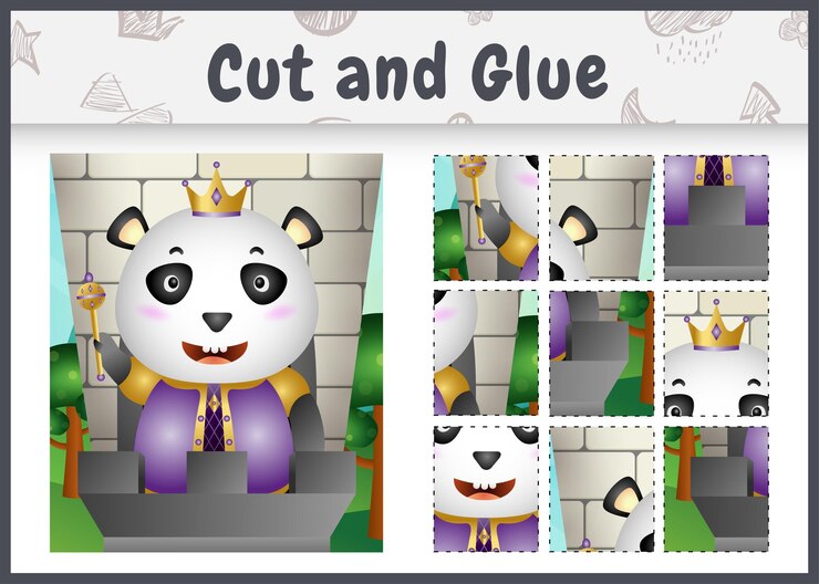 वेक्टर children board game cut and glue with a cute king panda character