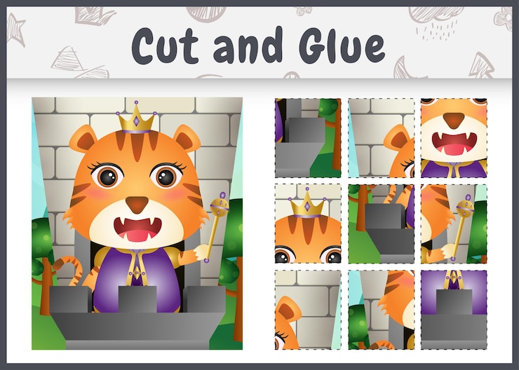 वेक्टर children board game cut and glue with a cute king tiger character