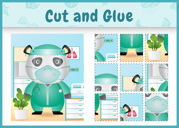 Children board game cut and glue with a cute panda using costume medical team