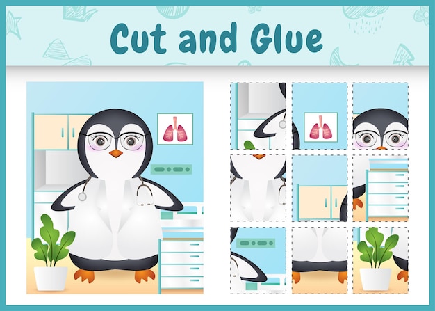 Children board game cut and glue with a cute penguin doctor character