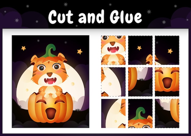 Children board game cut and glue with a cute tiger in the halloween pumpkin
