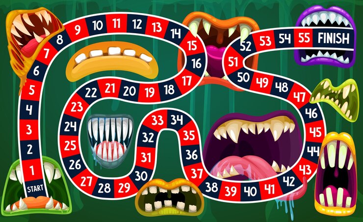 Vector children board game with path, halloween monsters
