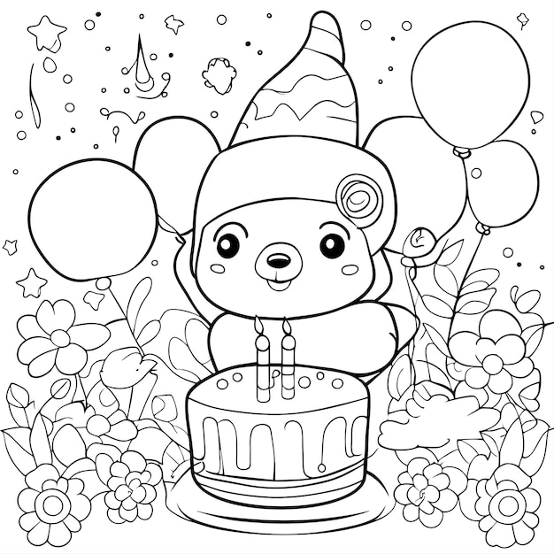 Children_book_birthday_coloring_page_ illustration_with_cute_animal_subject