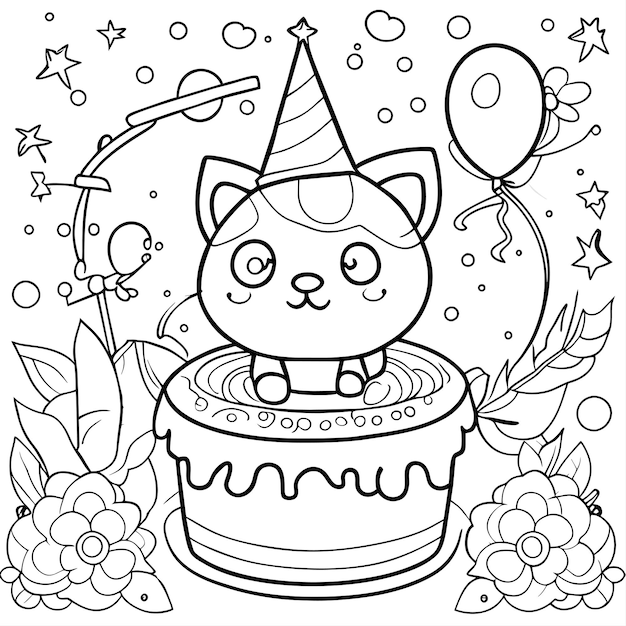 Children_book_birthday_coloring_page_ illustration_with_cute_animal_subject