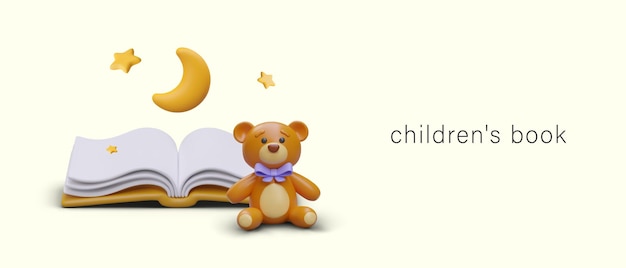 子どもの本のコンセプト リアルなテディベアが開いた本の隣に座っている