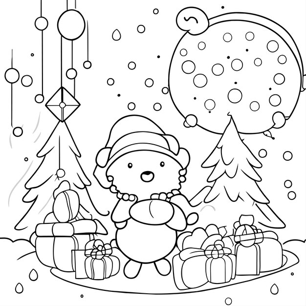 ベクトル 子供たちは、降雪と木のあるかわいいクリスマスのテーマのぬりえページを本します