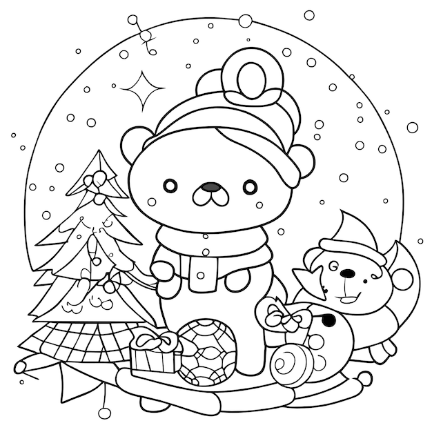 children book cute Christmas theme coloring page with snowfall and tree