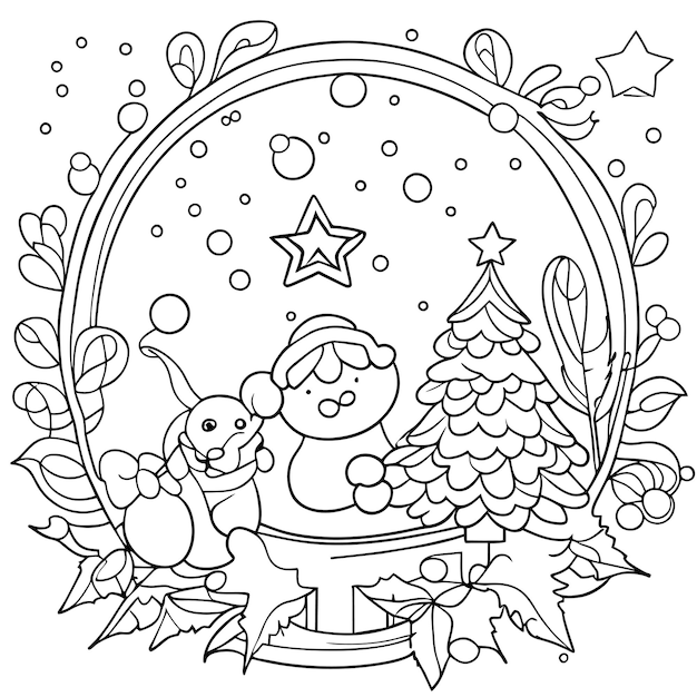 children book cute Christmas theme coloring page with snowfall and tree