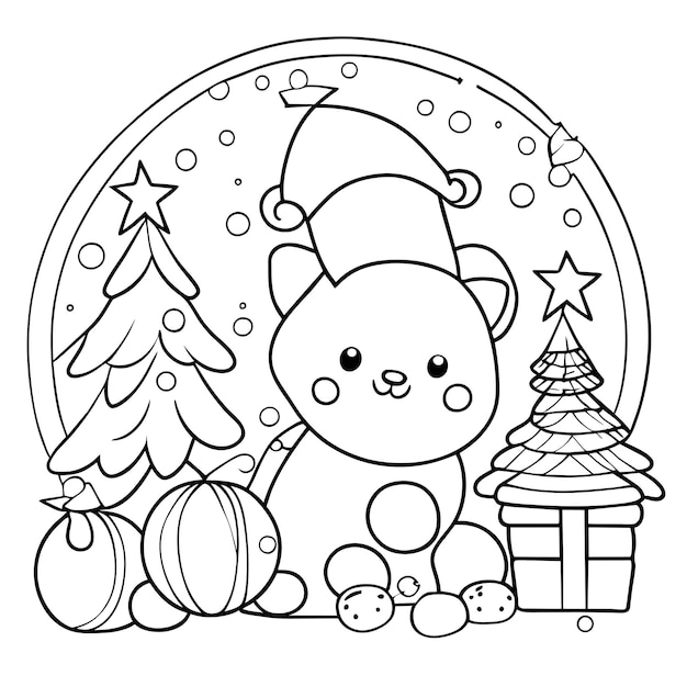 Vector children book cute christmas theme coloring page with snowfall and tree