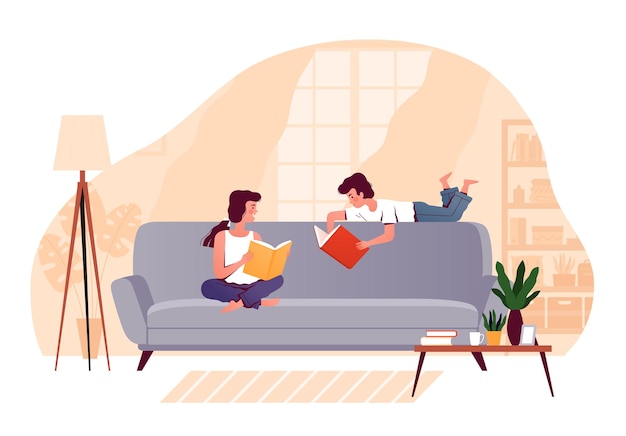 children boy and girl are sitting on the sofa in the living room