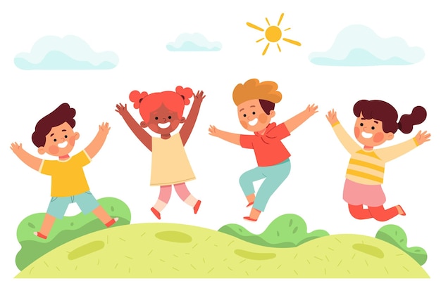 Vector children boy girl joyful jump in the park in the summer illustration