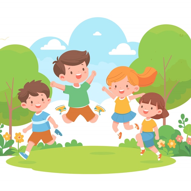 Bambini ragazzo ragazza gioioso salto nel parco in estate illustrazioni vettoriali su sfondo bianco