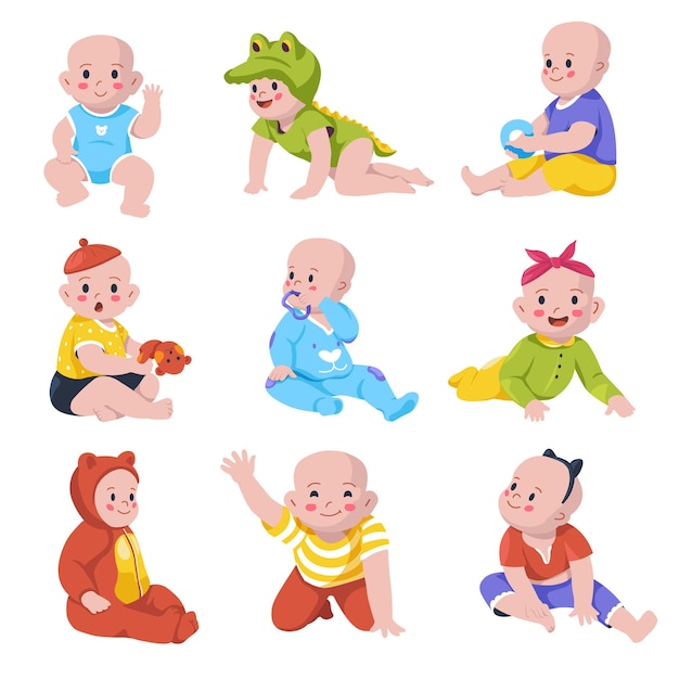 Vector children boys and girls sitting and crawling