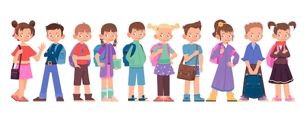 Vector children boys and girls with different bags and backpacks cartoon style