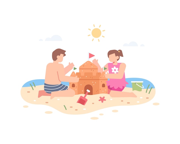 Vector children build sand castle on the beach